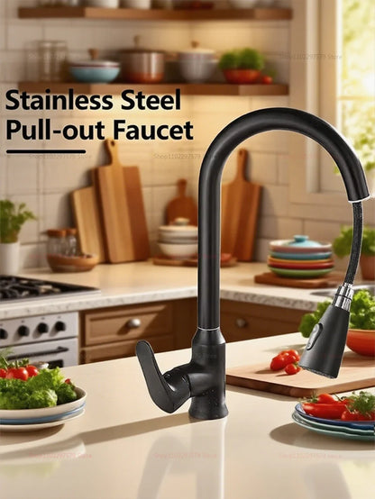 Llave de cocina de acero inoxidable con pulverizador extraíble, salida de agua fría y caliente - 
Stainless steel kitchen faucet with pull-out sprayer, hot and cold water outlet