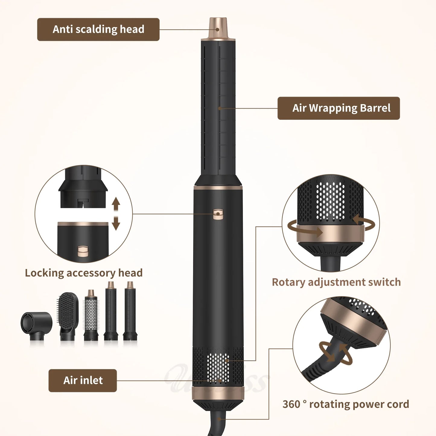 Secador de pelo profesional 5 en 1 - cepillo rizador, alisador, secador, estilizador de cabello - 5-in-1 professional hair dryer - curling brush, straightener, dryer, hair styler