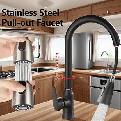 Llave de cocina de acero inoxidable con pulverizador extraíble, salida de agua fría y caliente - 
Stainless steel kitchen faucet with pull-out sprayer, hot and cold water outlet