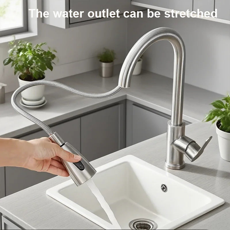 Llave de cocina de acero inoxidable con pulverizador extraíble, salida de agua fría y caliente - 
Stainless steel kitchen faucet with pull-out sprayer, hot and cold water outlet