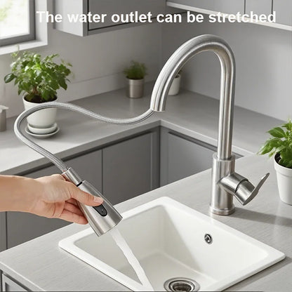 Llave de cocina de acero inoxidable con pulverizador extraíble, salida de agua fría y caliente - 
Stainless steel kitchen faucet with pull-out sprayer, hot and cold water outlet