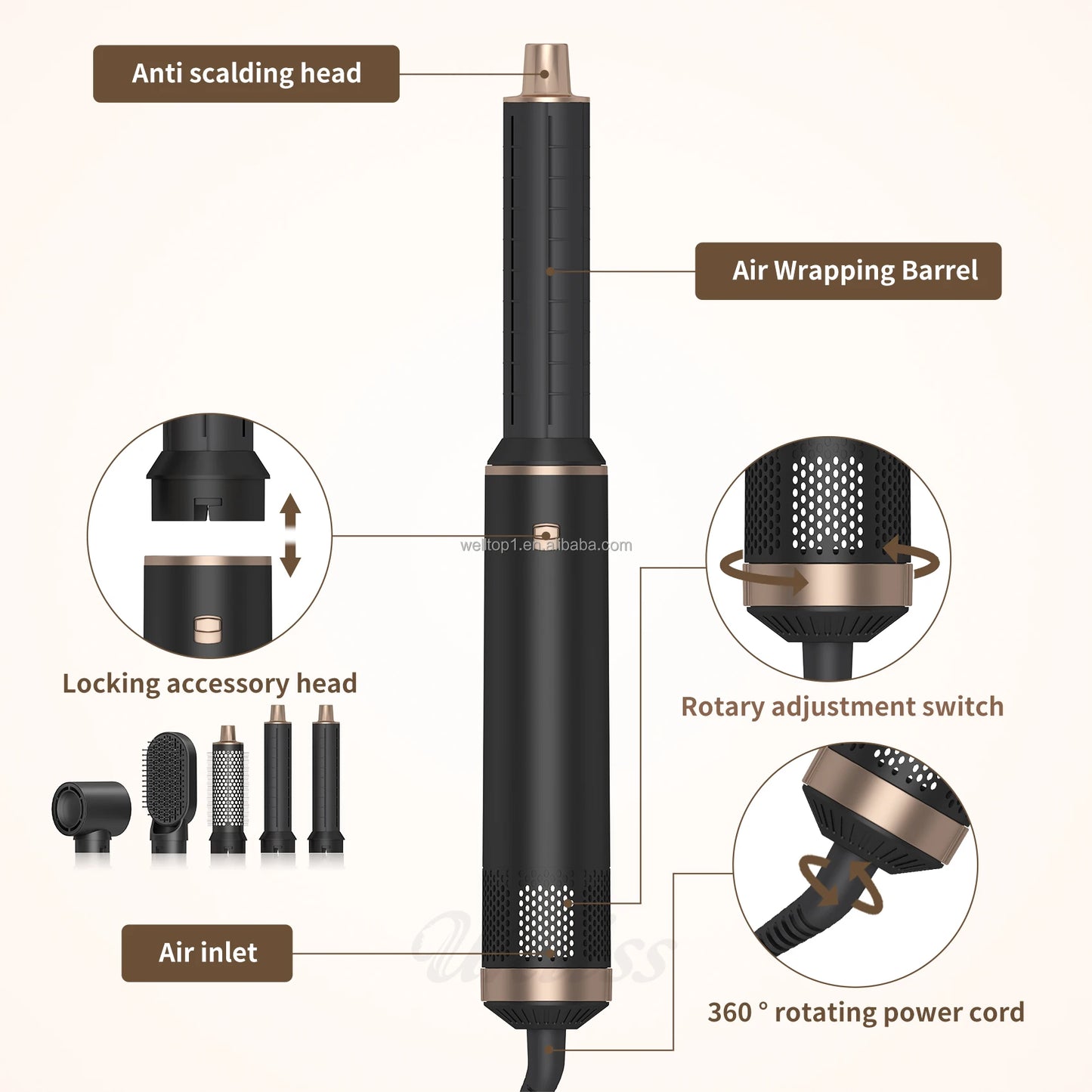 Secador de pelo profesional 5 en 1 - cepillo rizador, alisador, secador, estilizador de cabello - 5-in-1 professional hair dryer - curling brush, straightener, dryer, hair styler