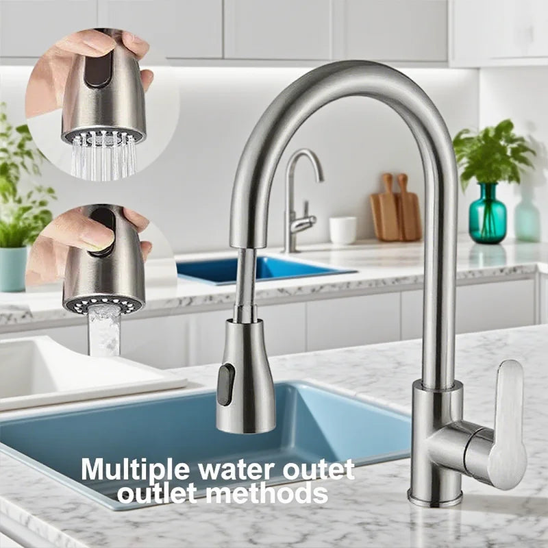 Llave de cocina de acero inoxidable con pulverizador extraíble, salida de agua fría y caliente - 
Stainless steel kitchen faucet with pull-out sprayer, hot and cold water outlet