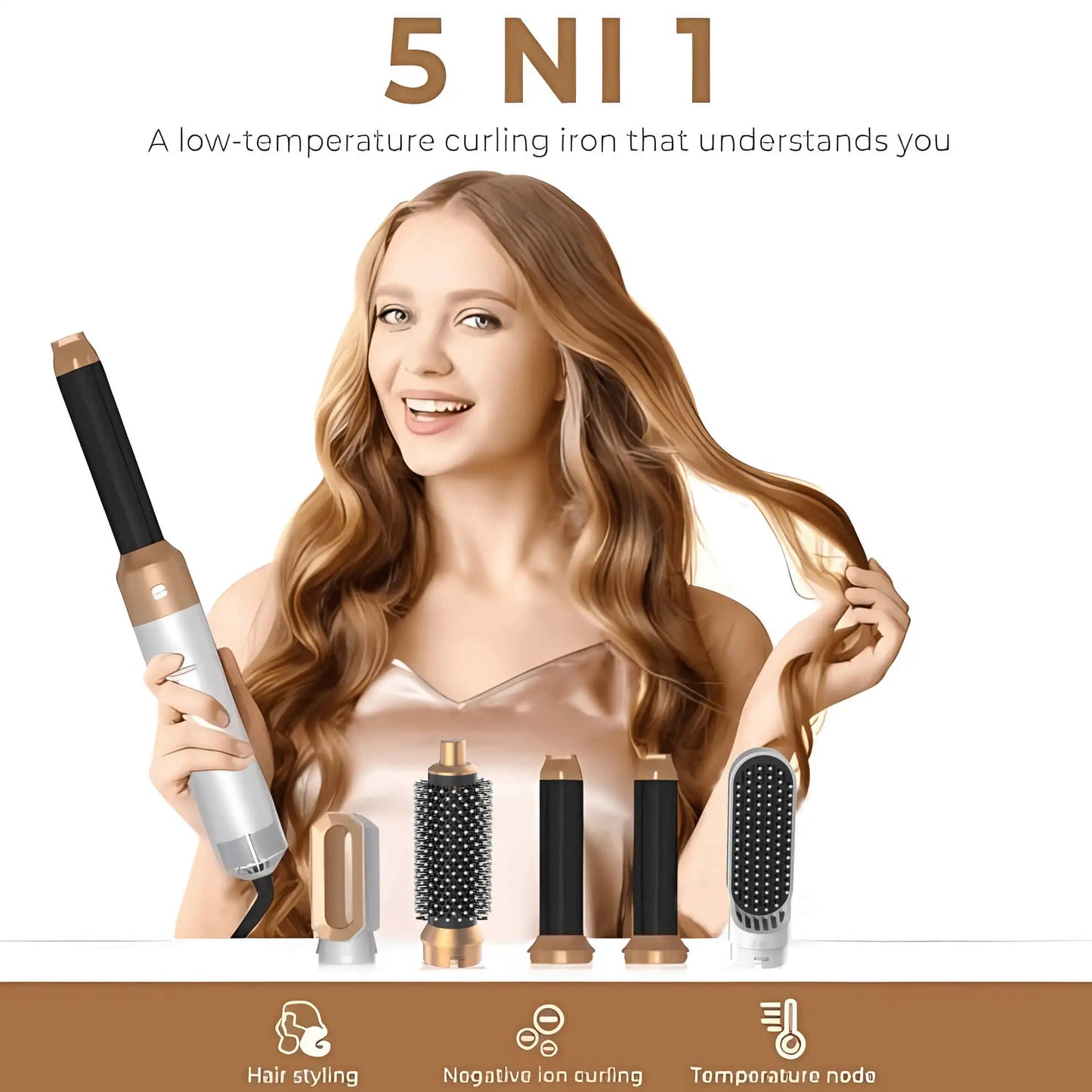 Secador de pelo 5 en 1, peine de aire caliente para rizar, alisar y voluminizar el cabello, accesorios desmontables-5 in 1 Hair Dryer, Hot Air Comb for Curling, Straightening and Volumizing Hair, Detachable Attachments-